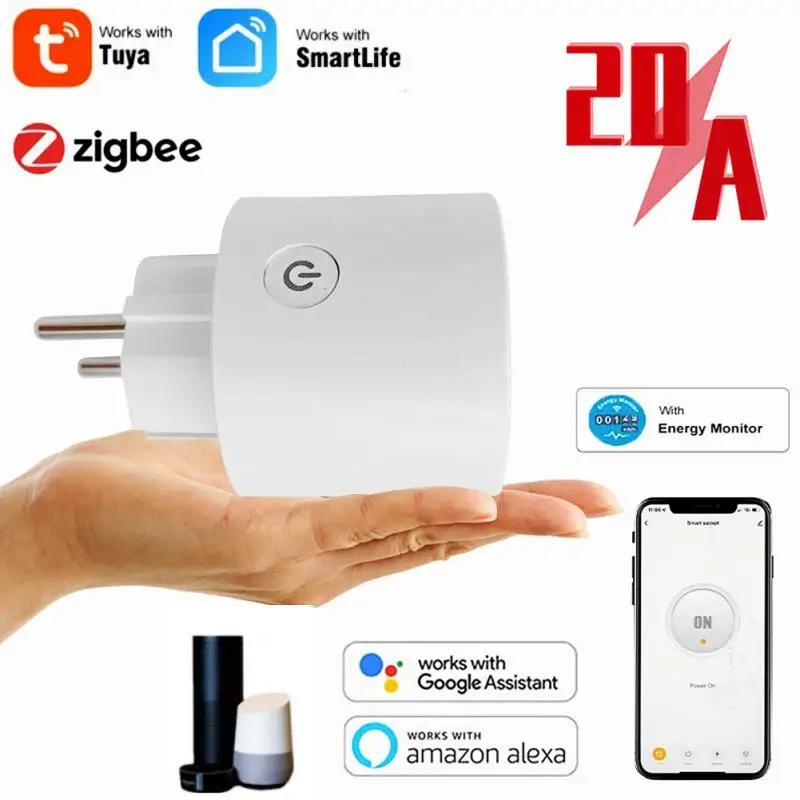Zigbee Tuya Smart Socket EU 20A,Smart Home Power Monitoring Function Voice Time Control Smart Life App,Via Alexa Goo